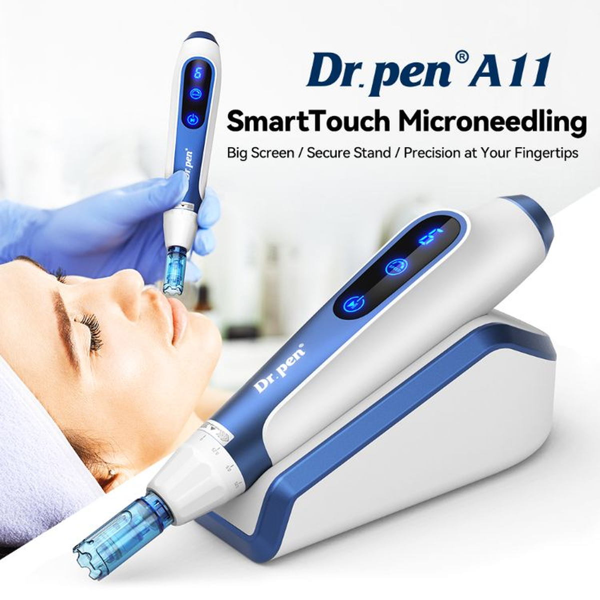 Dr. Pen A11 met touchscreen en standaard, naast een professionele gebruiksdemonstratie
