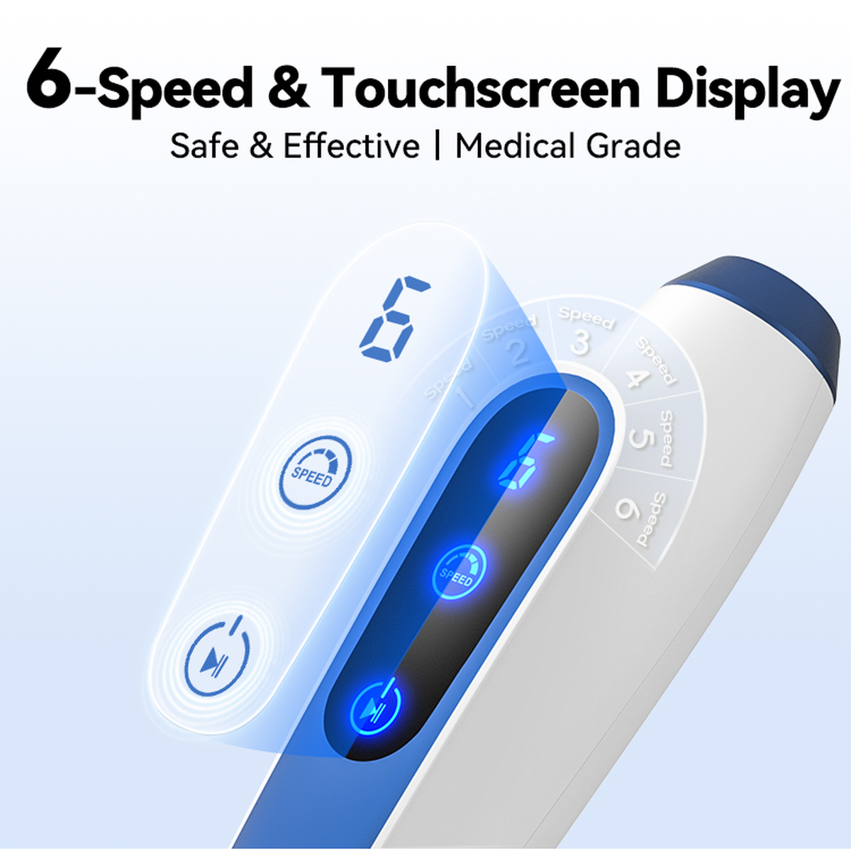 Detail van het verlichte touchscreen van de Dr. Pen A11 met zes snelheden