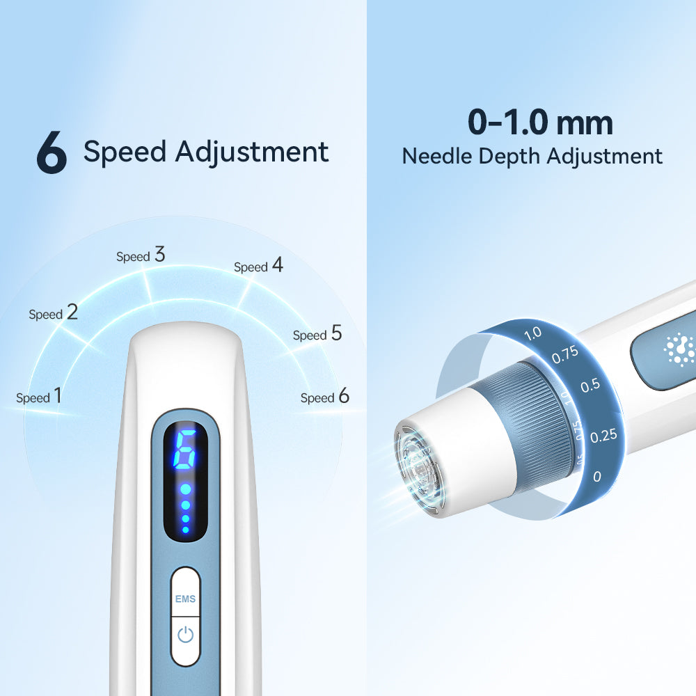 Display met zes snelheden en handmatige naaldlengtering van 0 tot 1,0 mm op de Hydra Pen H5