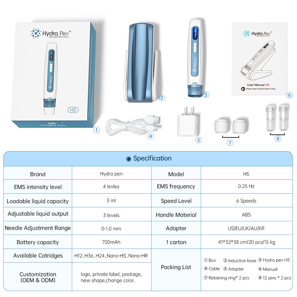 Afmetingen, specificaties en standaardaccessoires van de Hydra Pen H5