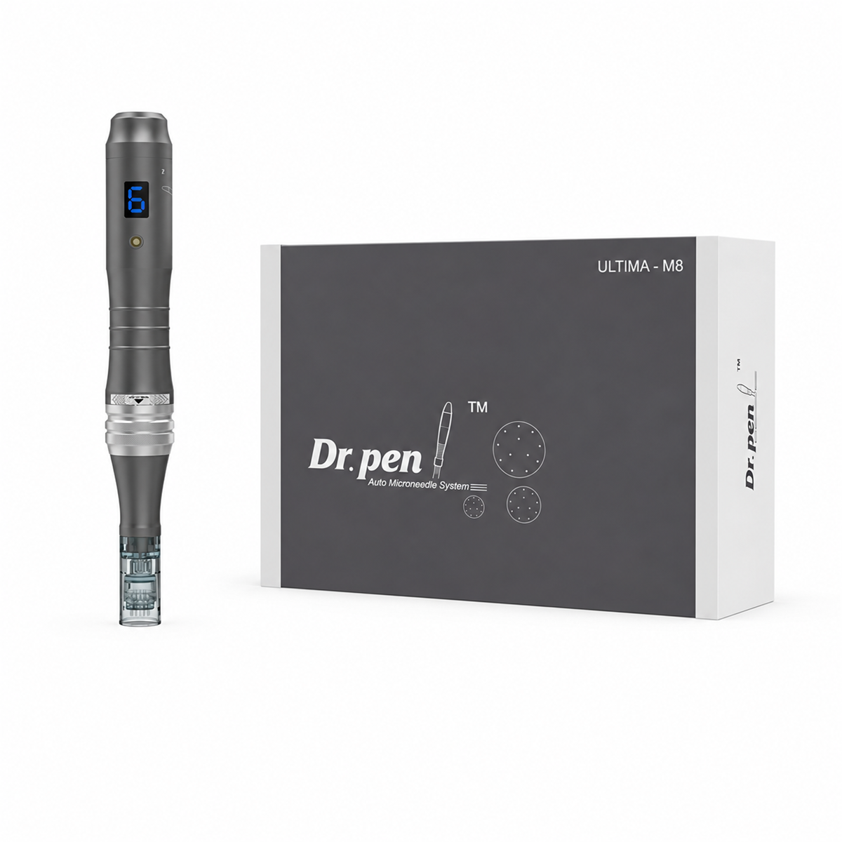 Zilverkleurige Dr. Pen M8-microneedlingpen naast de originele M8-doos