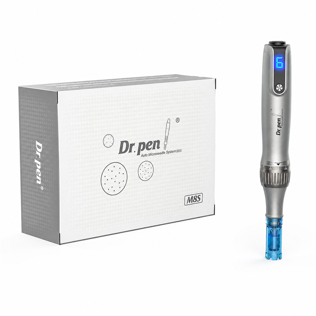 Zilverkleurige Dr. Pen M8s met blauwe naaldmodule naast de originele M8S-doos