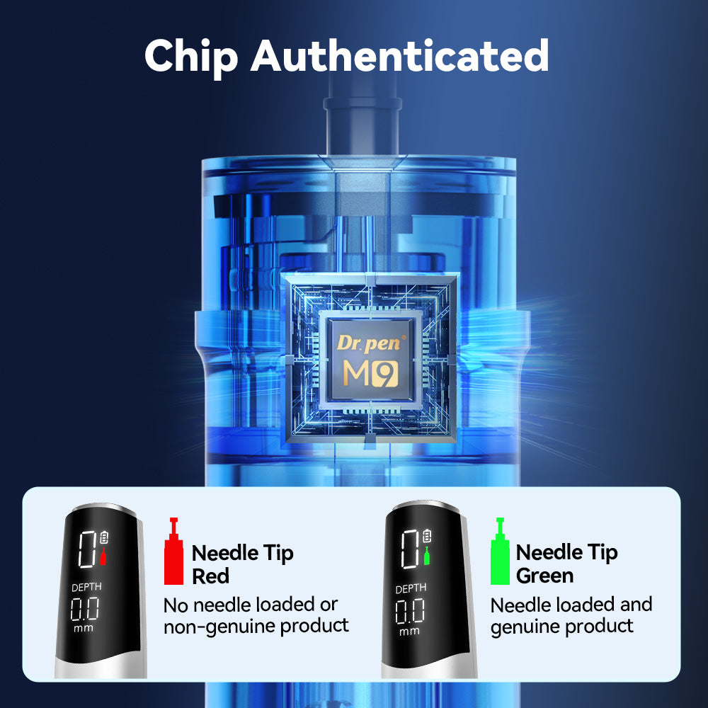 Illustratie van de modulechip van de Dr. Pen M9 met rode en groene herkenningslampjes