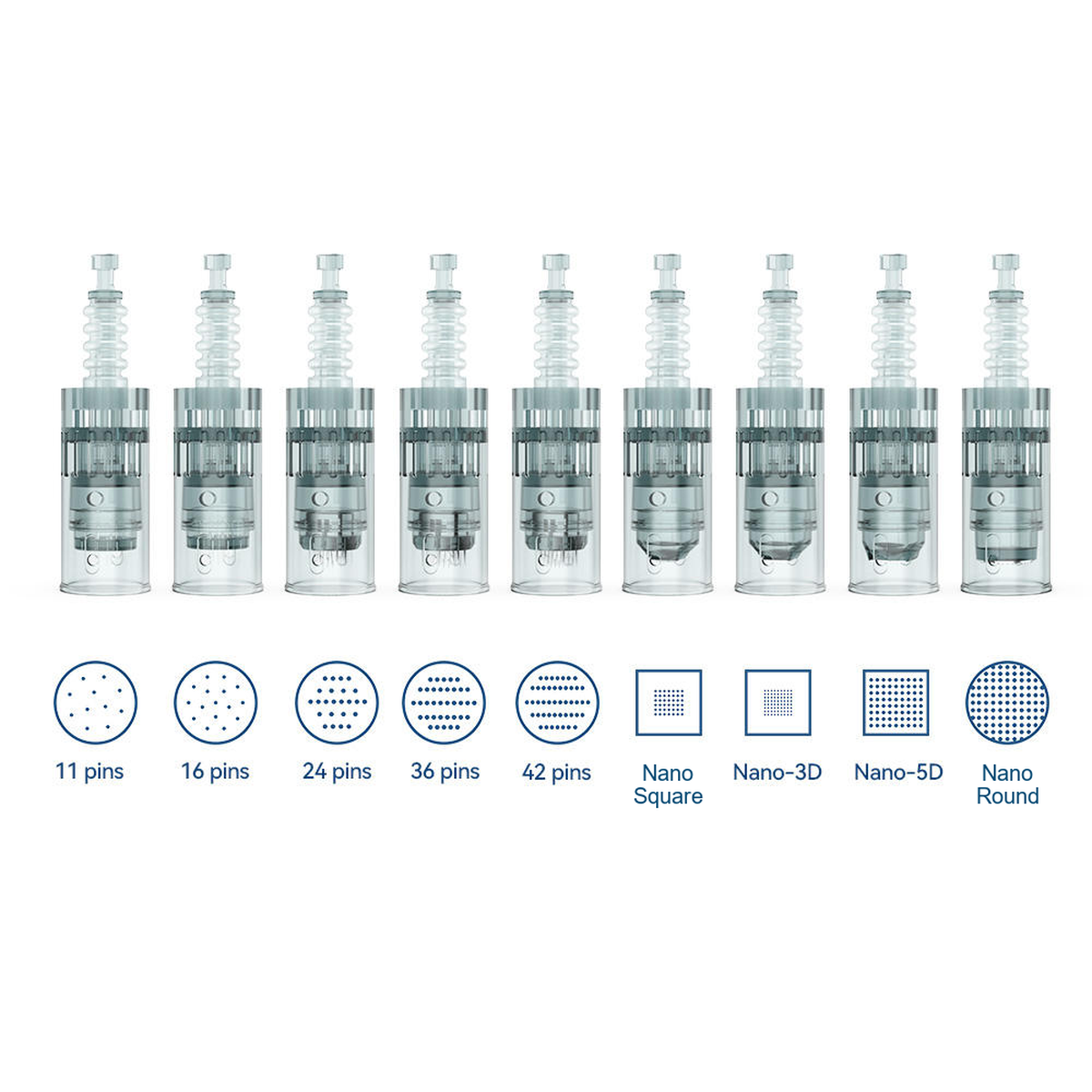 Negen naaldmoduleopties voor Dr. Pen M8 en M7s met naaldpatronen, Nano Square, 3D, 5D en Nano Round