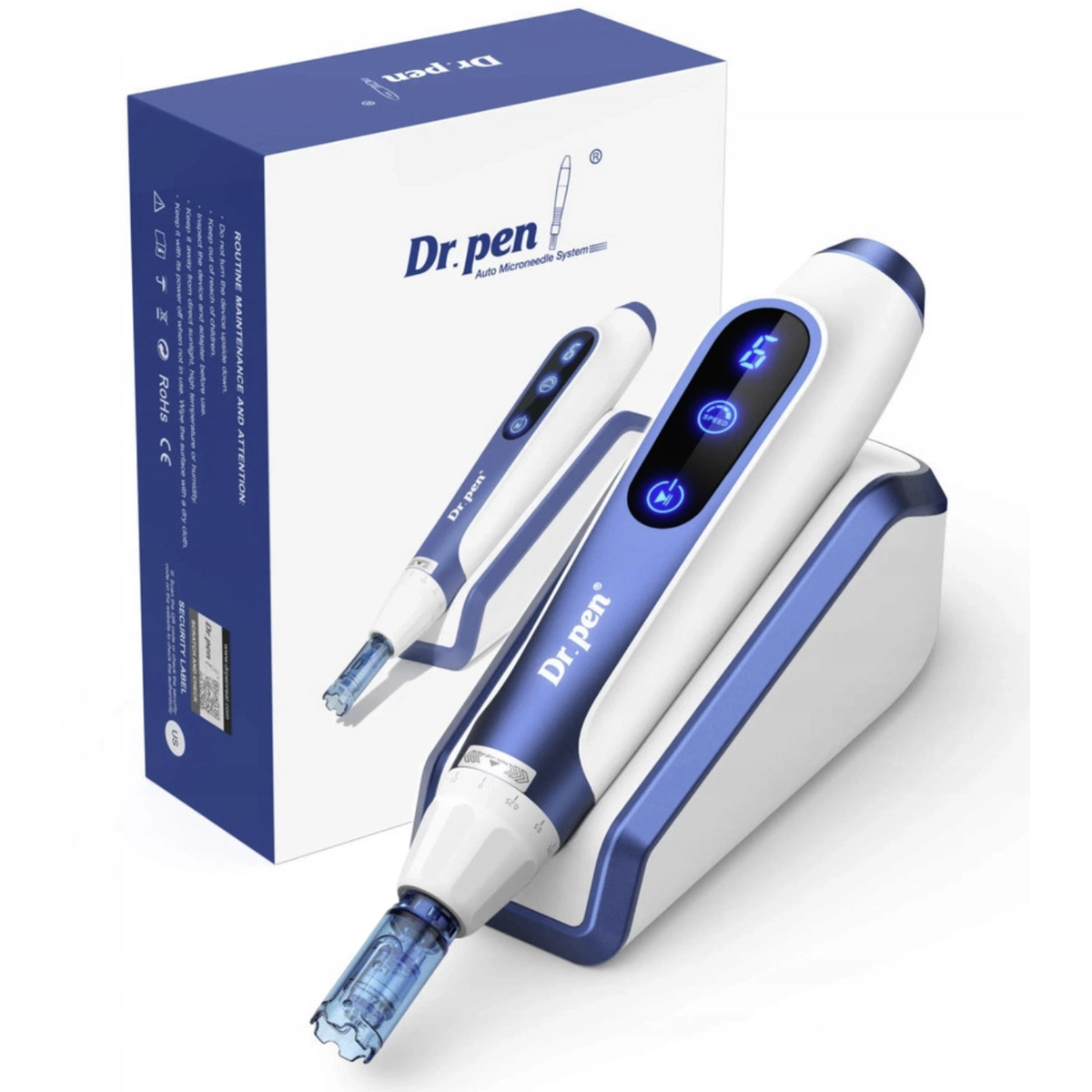 Blauw-witte Dr. Pen A11 op de pauzestandaard naast de originele productdoos
