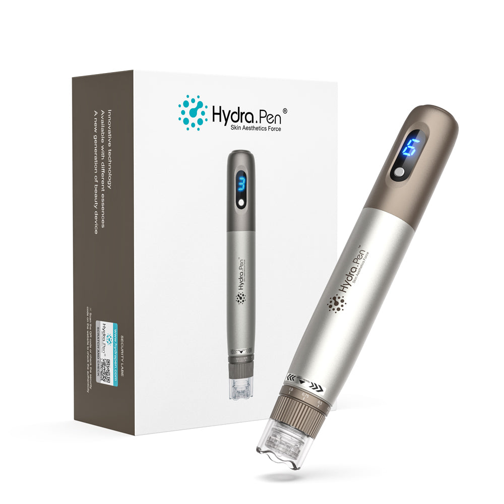 Zilver- en bronskleurige Hydra Pen H3 naast de originele productdoos