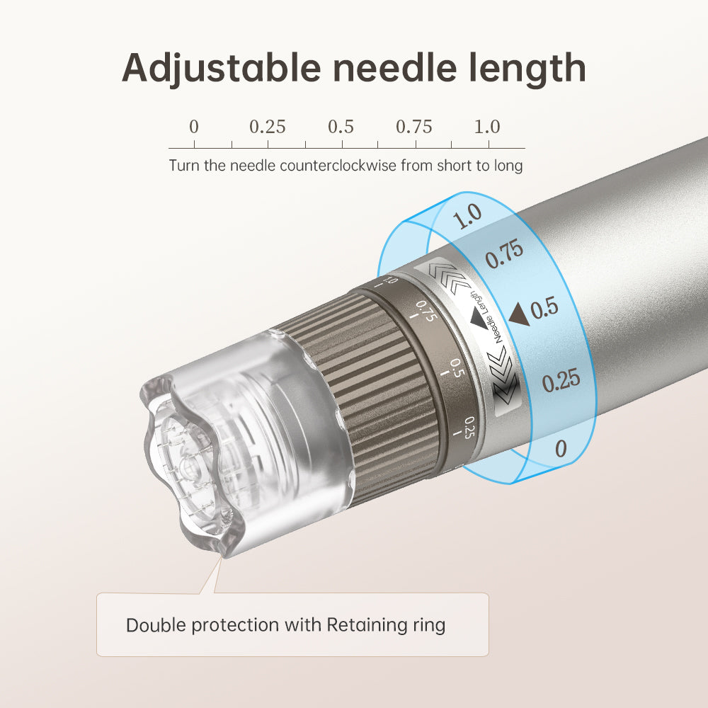 Handmatige naaldlengtering van de Hydra Pen H3 met schaal van 0 tot 1,0 mm