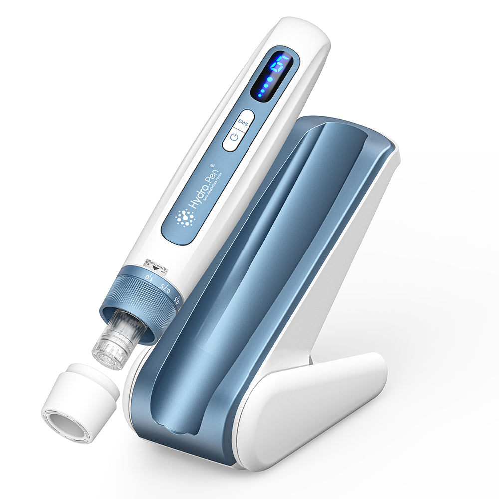 Staalblauwe Hydra Pen H5 met naaldmodule, beschermkap en bijpassende pauzestandaard