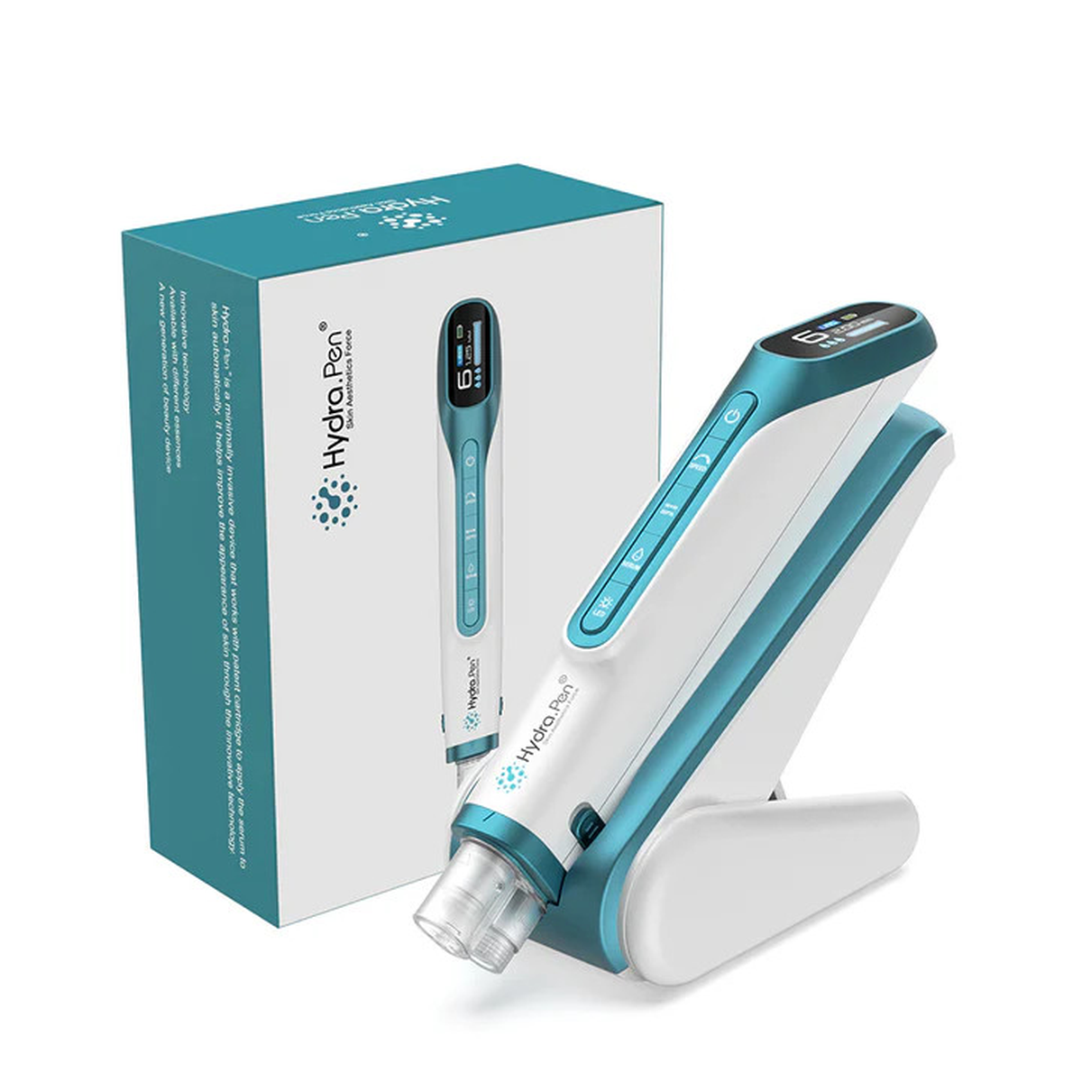 Metallic blauwgroene Hydra Pen H6 op de standaard naast de bijpassende productdoos
