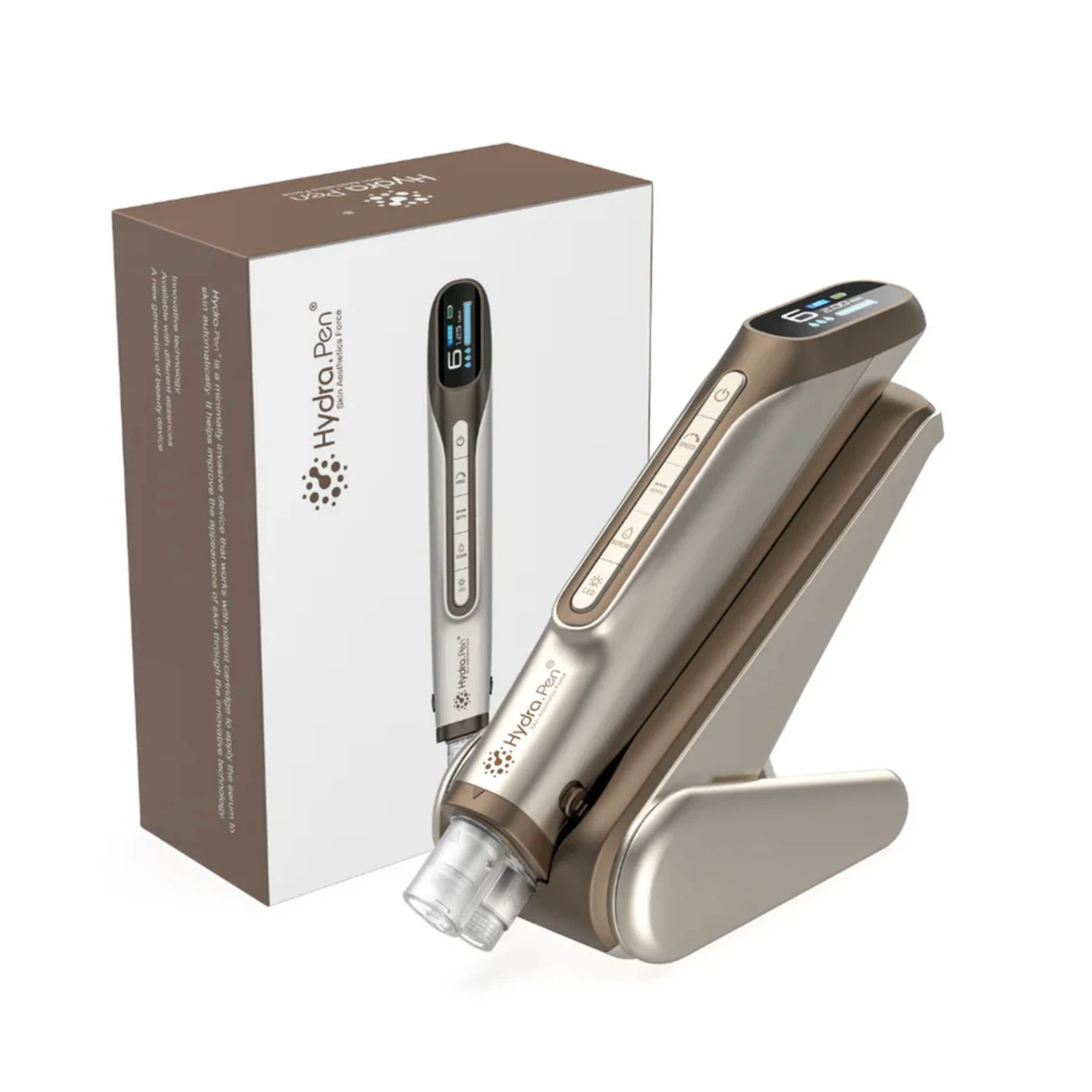 Champagnegouden Hydra Pen H6 op de standaard naast de bijpassende productdoos