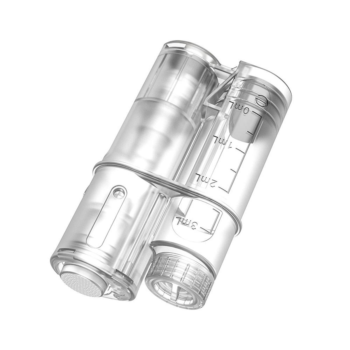 Opbouw van de Hydra Pen H6-naaldmodule met de contactkop naast het lege reservoir van 3 ml