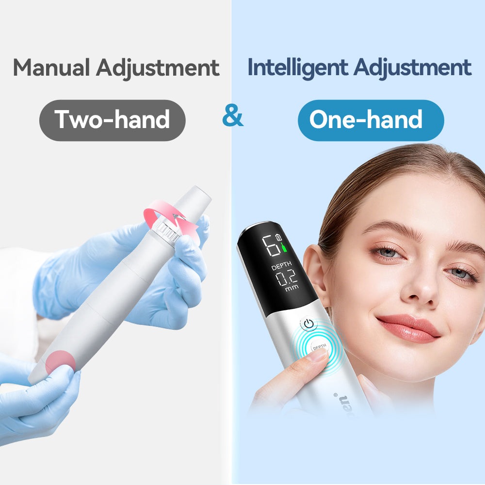 Visuele vergelijking van de knopbediende naaldlengte van de Dr. Pen M9 met een handmatige instelring