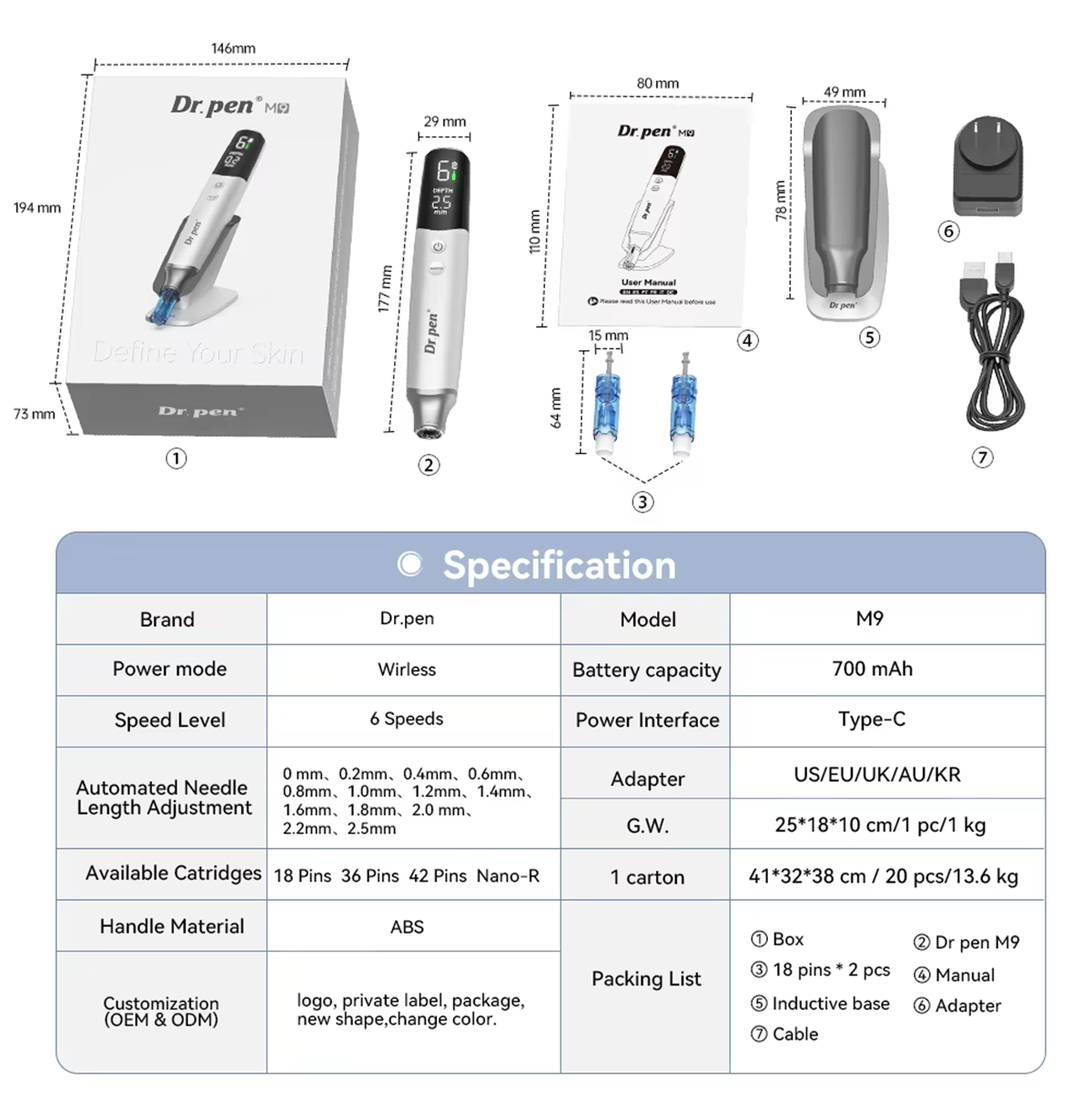 Afmetingen, specificaties en standaardaccessoires van de Dr. Pen M9