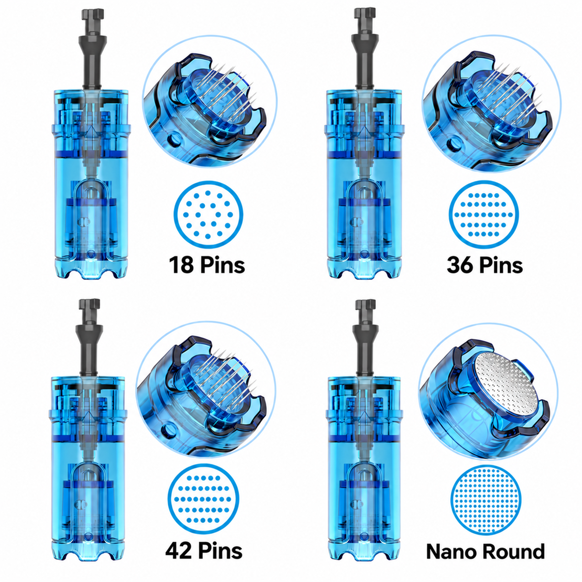 18-, 36- en 42-naaldsmodules en Nano Round voor Dr. Pen M9 en M8 Max met details van de contactkoppen