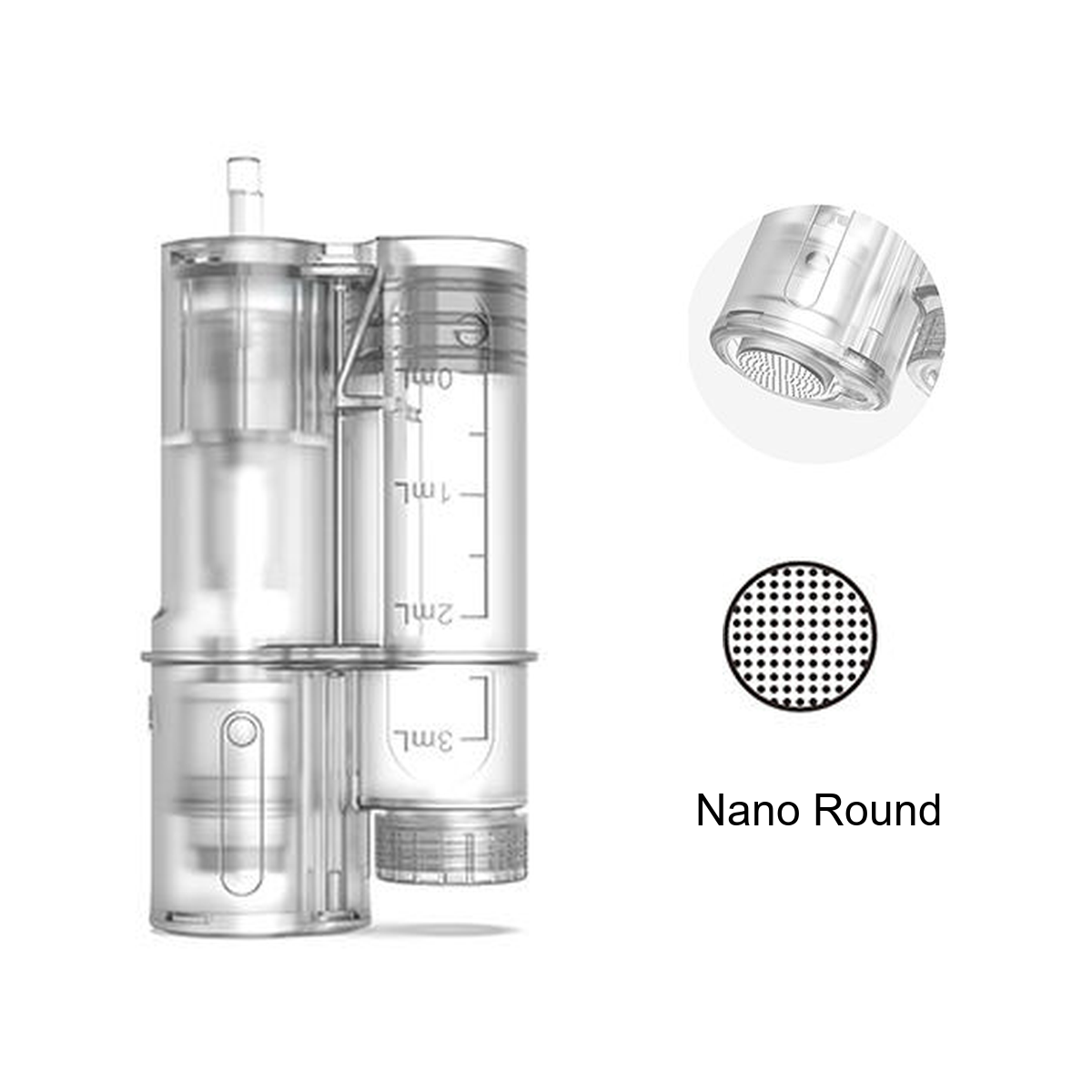 Vervangende Nano Round-module voor Hydra Pen H6 met reservoir met schaalverdeling en detail van de ronde contactkop