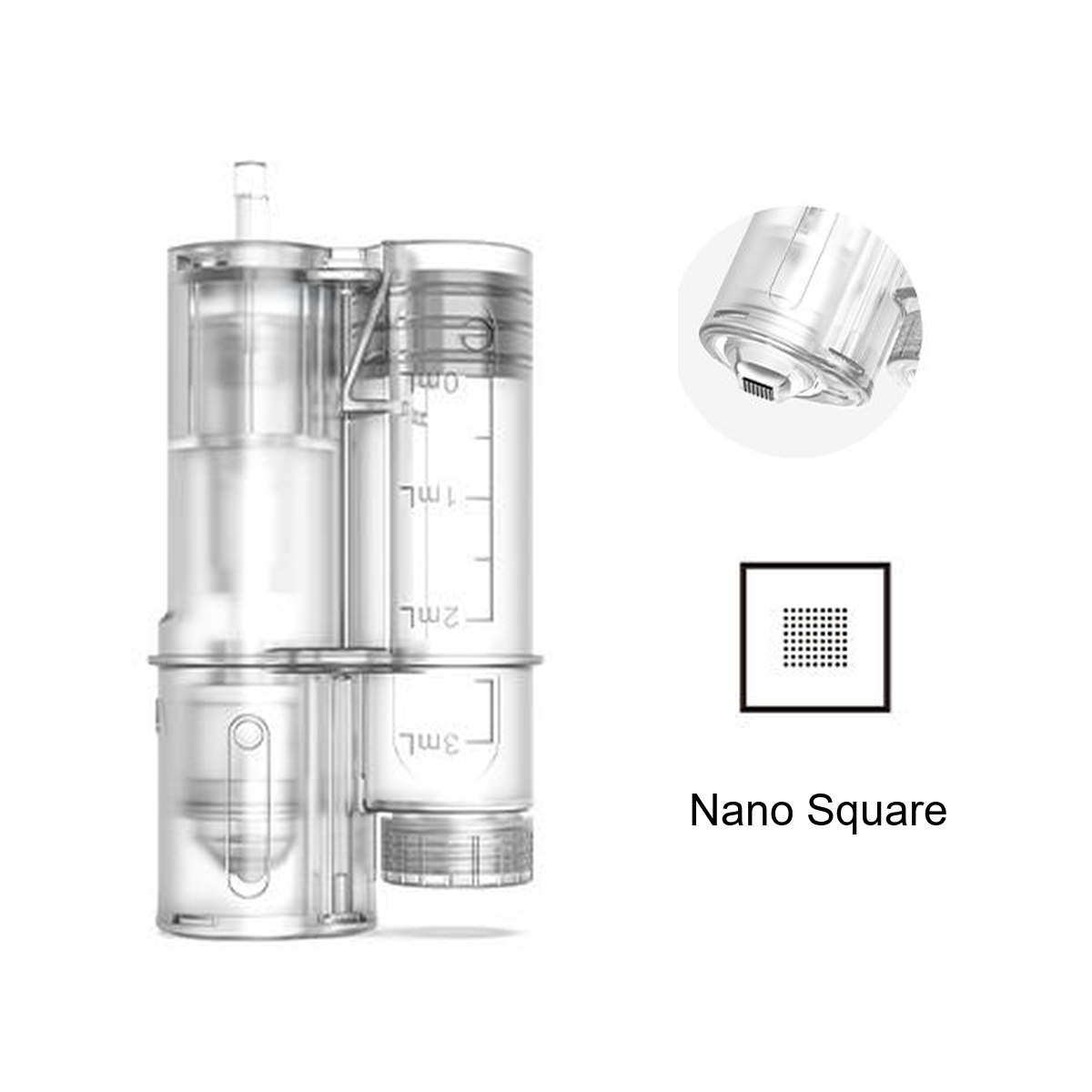 Vervangende Nano Square-module voor Hydra Pen H6 met reservoir met schaalverdeling en detail van de vierkante contactkop